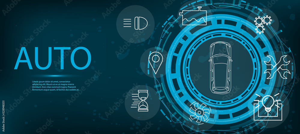 Obraz premium Car service, top view mechanisms. Futuristic HUD template for an electric car connected online in the HUD style. Vector illustration