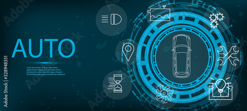 Car service, top view mechanisms. Futuristic HUD template for an electric car connected online in the HUD style. Vector illustration