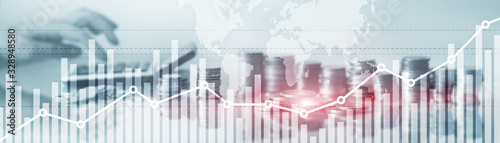 Obraz na płótnie Double exposure global world map on business financial stock market trading background.