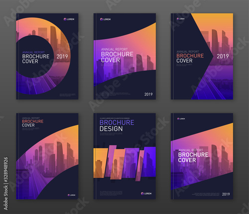Brochure cover design layout set for business and construction. Abstract geometry whith colored cityscape vector illustration on background. Good for annual report, industrial catalog design.