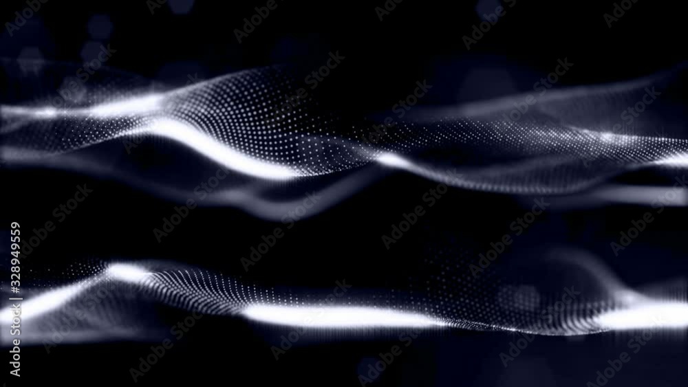 looped dark animated abstract sci-fi background with wavy glow particles like micro world, cosmic space or digital big data, blockchain, point nodes connection. Surface of waves from points