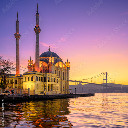 Ortakoy Mosque with Bosphorus Bridge in Istanbul, Turkey