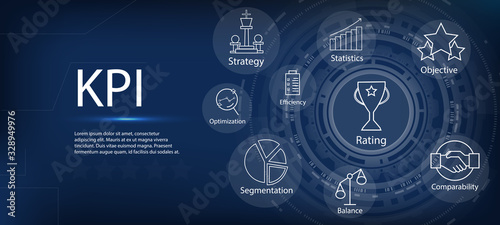 KPI (Key Performance Indicators) web banner concept with key aspects and KPI icons. Interface labeled KPI. vector image.