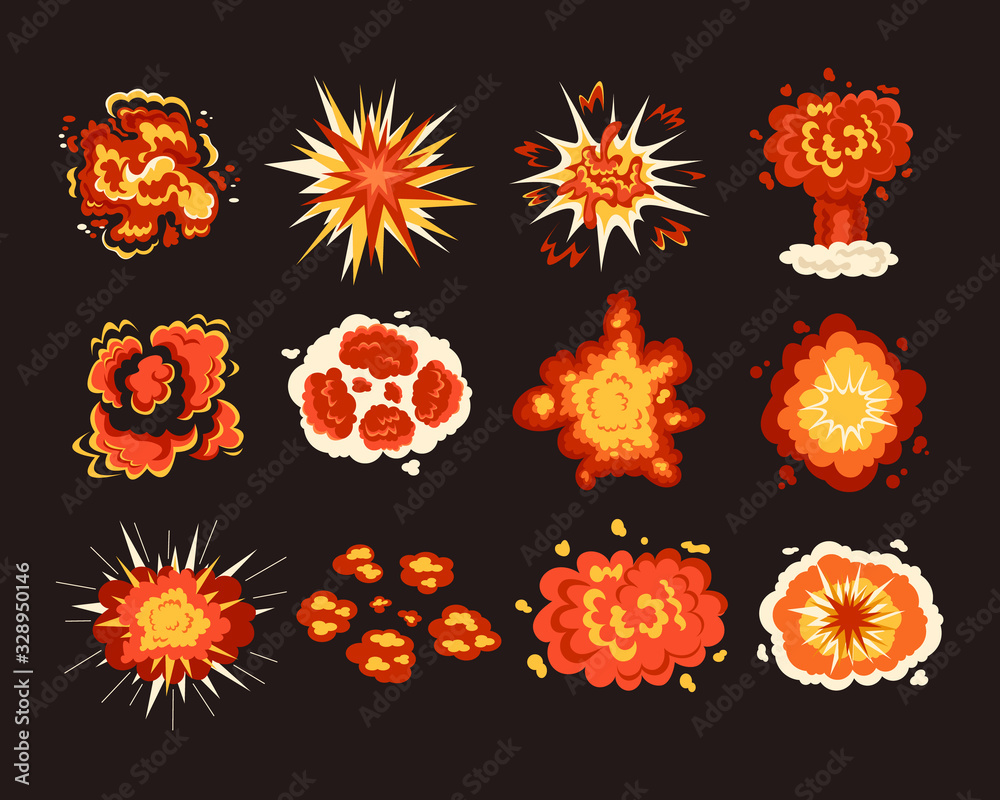 Explosion shot flame bang isolated set collection. Vector flat graphic design cartoon illustration - obrazy, fototapety, plakaty 