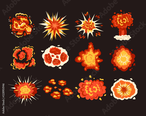 Explosion shot flame bang isolated set collection. Vector flat graphic design cartoon illustration