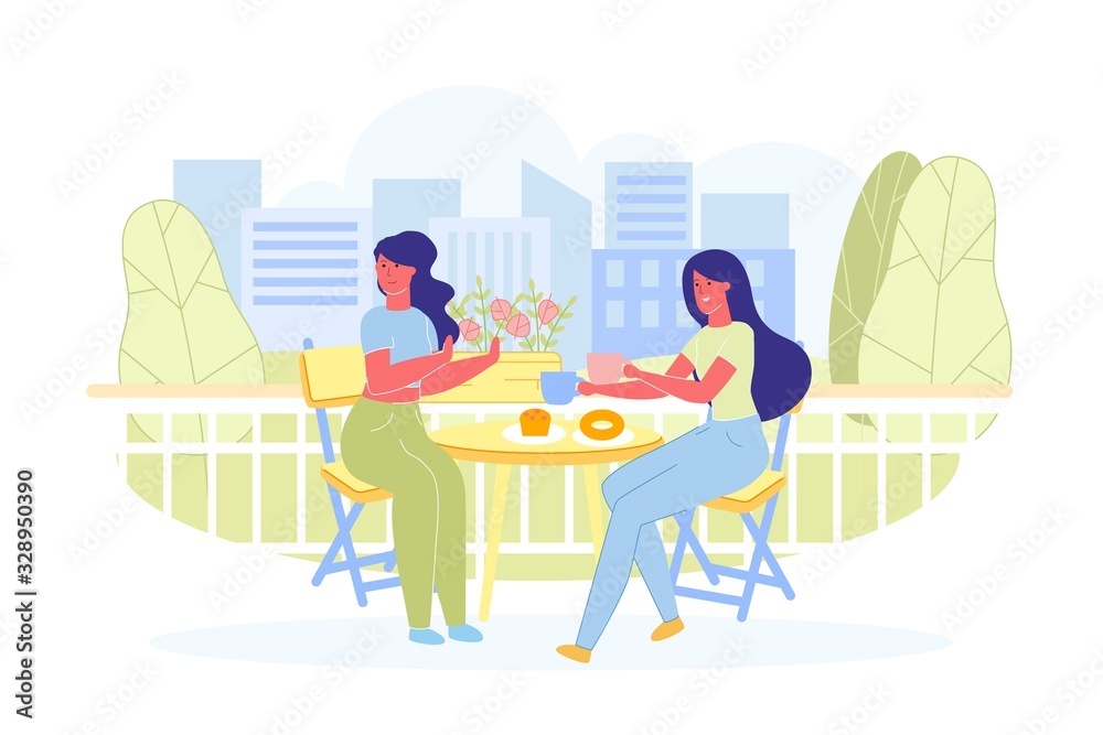 Girls Sitting at Table on Terrace with City View.