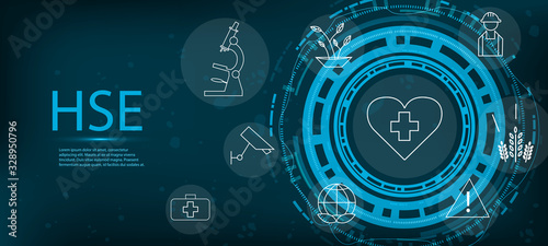 HSE web banner with key aspects. Banner pricing concept. Website vector illustration. Concept vector illustration with icons and keywords.	