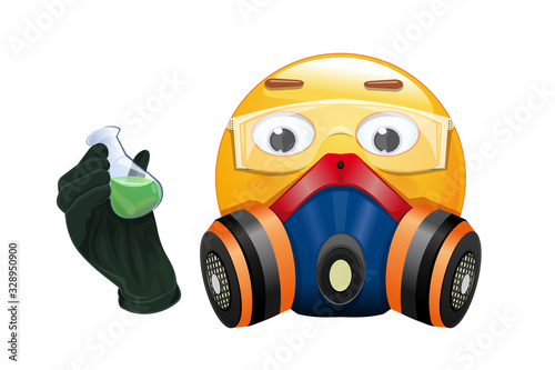 Emoji in a respirator and chemical protection glasses. Emoticon in a respirator and with a flask with green liquid in hands. Emoji in a gas mask. Vector illustration