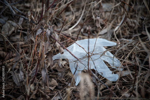 The beginning of spring in Russia. Garbage, packaging, cigarettes, dirt, furniture on the ground. The problems of mankind. Protection of Nature