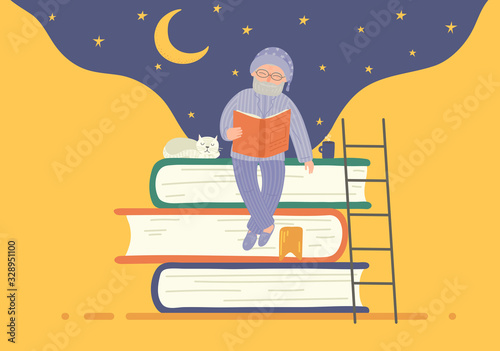 Insomnia. Senior man in pajama sitting on stack of books reads book and drinking tea at the night. Read for better sleep concept. Vector illustration.