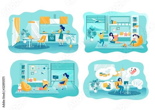 Modern Working Mothers Flat Illustrations Set