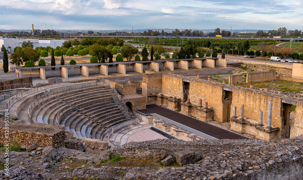 View of ancient Roman theater of Italica, in Santiponce, near Seville, Spain.
