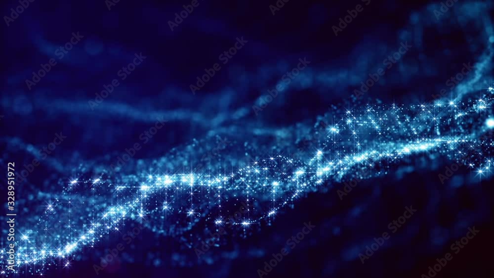 looped blue animated abstract sci-fi background with wavy glow particles like micro world, cosmic space or digital big data, blockchain, point nodes connection. Mesh surface