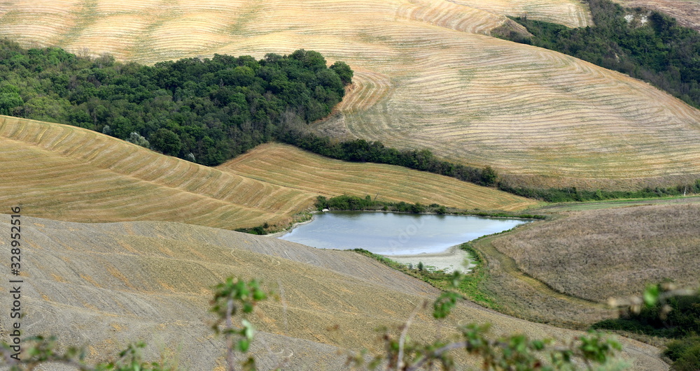 Panorama über die Felder der Crete Senesi mit Wasserspiecher