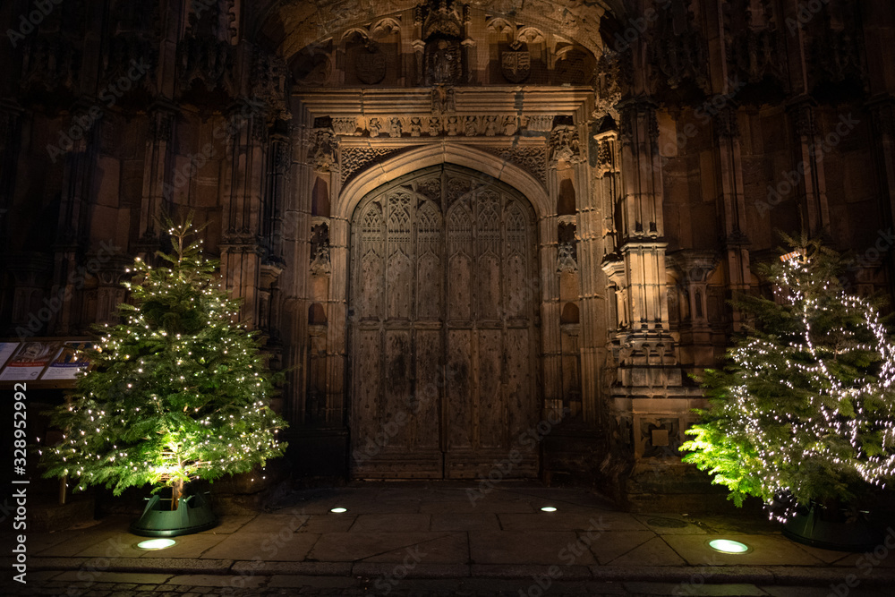 Old cathedral doors lit up with Christmas trees 