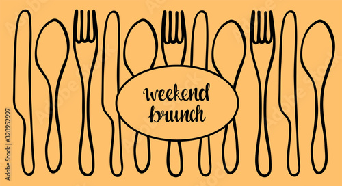 weekend brunch - hand drawing font text with doddle illustration for food service place, restaurant, cafe, bar, bistro. Modern calligraphy heading isolated on yellow background. EPS10