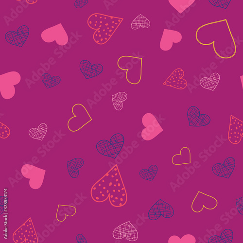 Hearts a flutter, Heart doodles, Vector seamless pattern with Valentines day hearts on pink background. Surface Pattern Design