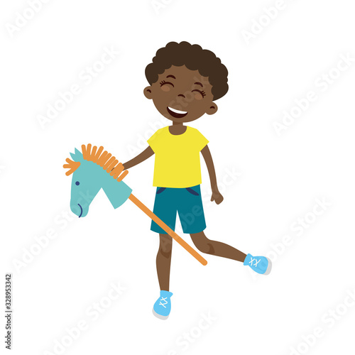 Cute boy riding a horse stick toy vector.
