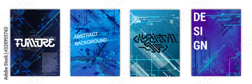 Modern tech posters set with arrows and abstract element. Template technology cover with stripes motion and dynamics arrows. Hi-tech flyers with many elements, very detailed design. Vector posters