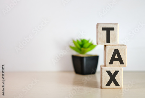 Tax - text on wooden cubes, on wooden background. flower in a pot, all that's left after taxes
