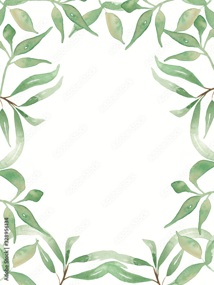 Watercolor green leaves illustration card.  greenery Wedding invitation cards clipart. Save the date Foliage modern frame.