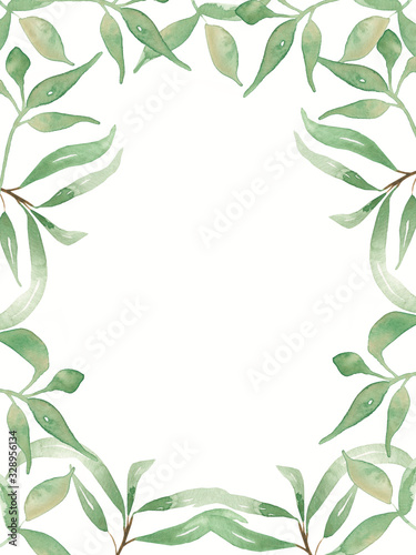 Watercolor green leaves illustration card.  greenery Wedding invitation cards clipart. Save the date Foliage modern frame.