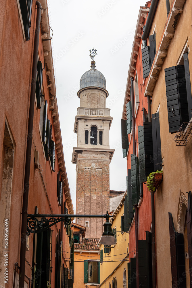 View of a Romanesque Church Steeple from a narrow alley, Venice/Italy