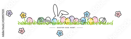 Easter egg hunt line design bunny flowers colorful eggs in grass Happy Easter white greeting card