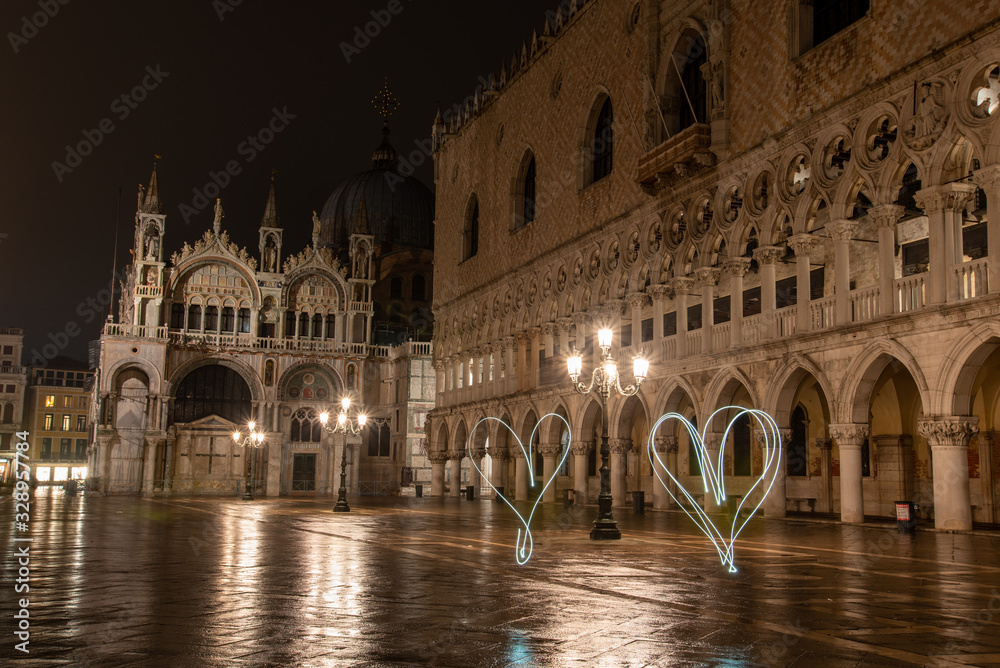 Writing with Light in front of the Illuminated Doge Palace on the Marks Square at Night, Venice/Italy