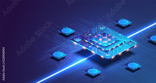 Futuristic microchip processor with lights on the blue background. Quantum computer, large data processing, database concept. Artificial intelligence and robotics quantum computing processor concept. photo