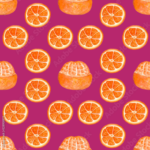 Seamless pattern watercolor illustration cute orange tangerines with oranges illustration of fruit on a pink background, image for printing, postcards, prints, fabric, textiles , and so on
