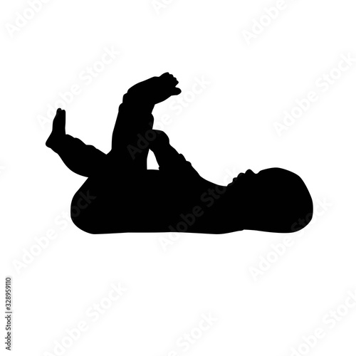 four months baby lying on back and holding leg in hand vector silhouette isolated on white background