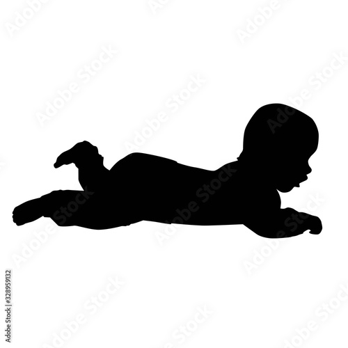 four months baby lying on tummy with raised leg and head, vector silhouette isolated on white background