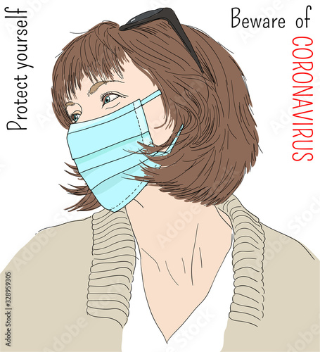 A hand-drawn portrait of a young caucasian woman with a medical face mask on to protect against coronavirus. Vector illustration.