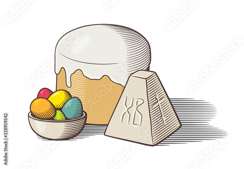 Composition of traditional Orthodox Eastern European holiday food for Easter celebration. Traditional Easter bread (kulich), pascha and bowl of painted eggs. Retro style colored vector illustration
