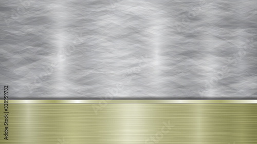 Background consisting of a silver shiny metallic surface and one horizontal polished golden plate located below, with a metal texture, glares and burnished edges