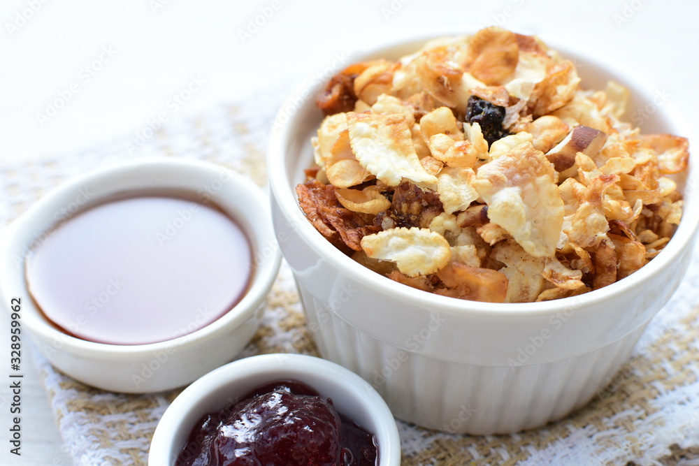 soja, coconut, peanuts, honey, flakes, granola, delicious, oat, vegan, ingredient, seed, cereal, sweet, nutrition, snack, natural, organic, healthy, grain, food, muesli