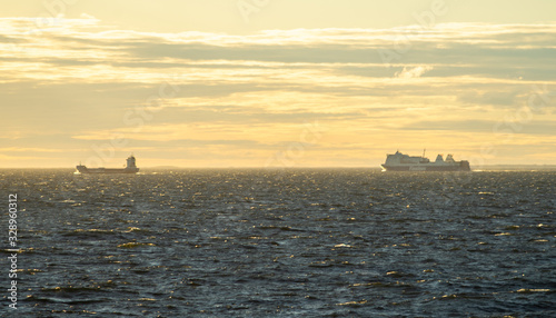22 April 2019, Stockholm, Sweden. High-speed passenger and car ferry of the Finnish shipping concern FINNLINES Finnclipper equipped with rotary sail in Stockholm skerries.