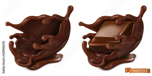 Piece of chocolate and chocolate splash, 3d realistic food vector objects
