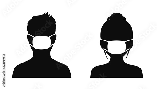 Man and woman wearing medical masks, protecting themselves against pandemic epidemic infection. Coronavirus - COVID-19, virus contamination, pollution, antivirus. Disposable medical mask icon.