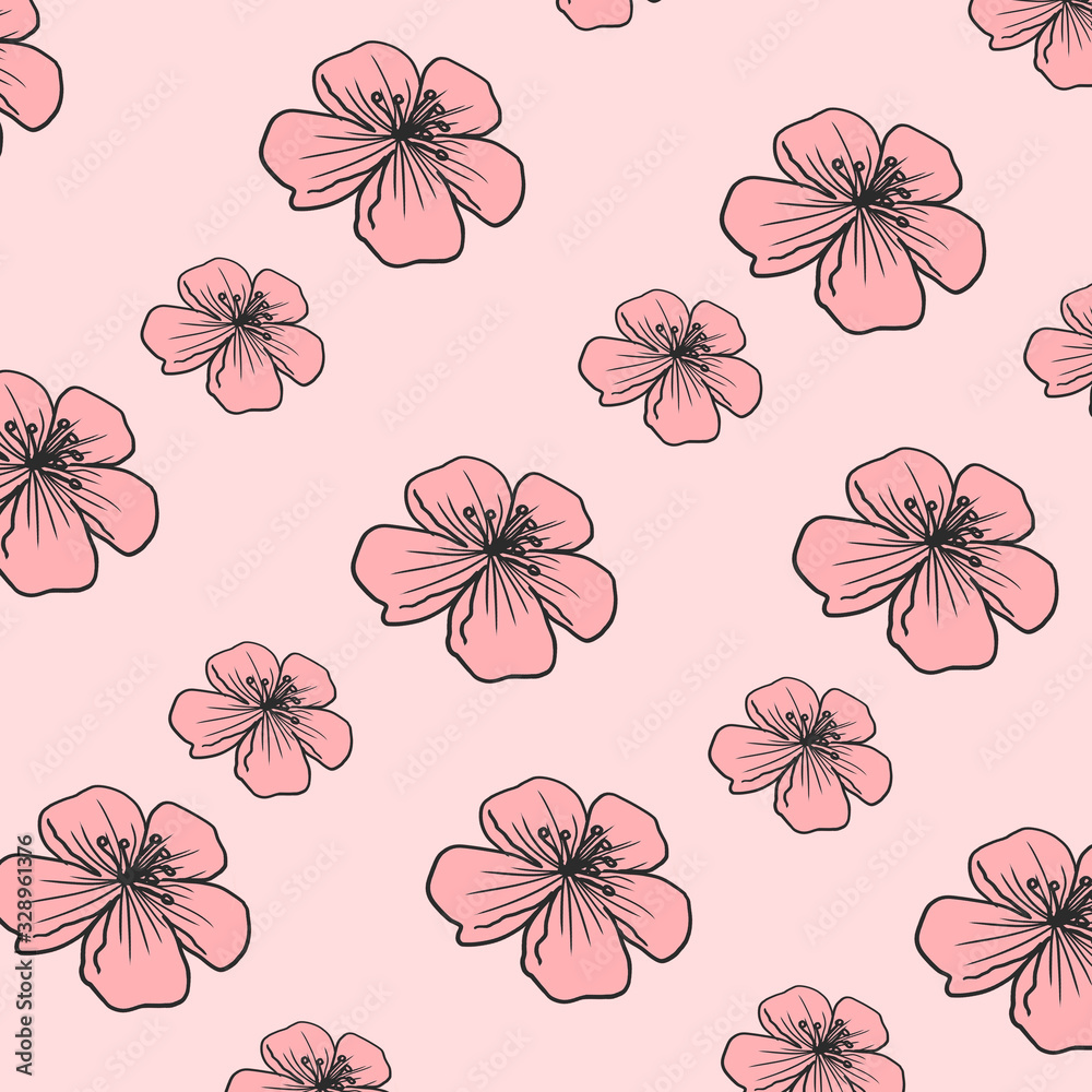Cherry blossom pink pattern blooming spring flowers floral botanical background illustration for card design Cherry blossom pink pattern blooming spring flowers floral botanical background illustration for card design