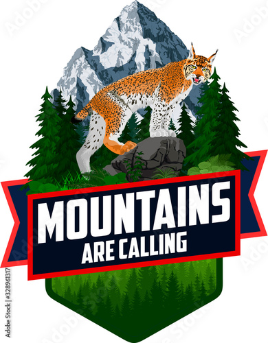 The Mountains Are Calling. vector Outdoor Adventure Inspiring Motivation Emblem logo illustration with lynx