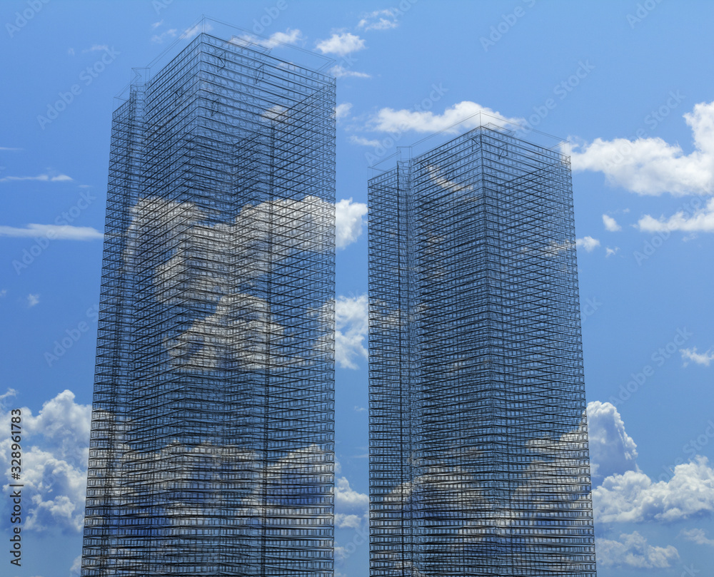 Fototapeta premium Mega miasto, technika szkieletowa, oryginalne renderowanie 3d