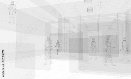 People in an office, wireframe technique, original 3d rendering