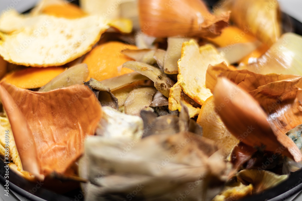 Organic biological kitchen waste, compostable food scraps, rotten food and leftovers from cooking, prepared for composting, Onion peel, Potato peel, Carrot husks, Orange peel