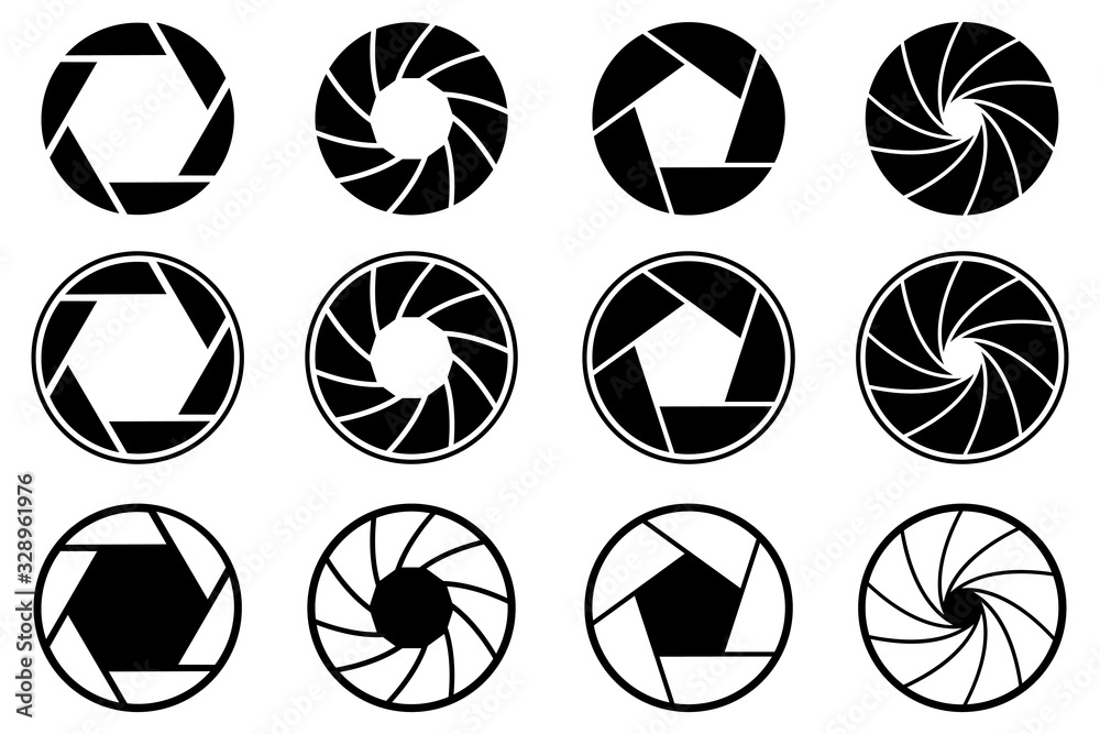 Set photo camera lens diaphragm. Photo lenses aperture, cameras shutter  silhouette icon and shutter apertures pictogram. Lomography film lens or  snap optics objective lenses - stock vector Stock Vector | Adobe Stock