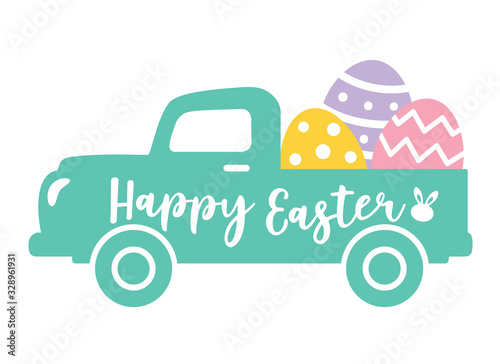 Wall Mural Vector illustration of a cute vintage truck carrying Easter eggs.