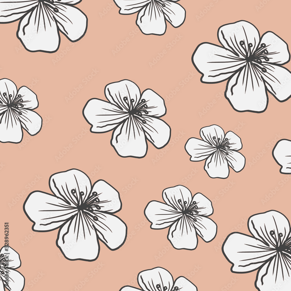 Cherry blossom peach pink pattern blooming spring flowers floral botanical background illustration for card design Cherry blossom peach pink pattern blooming spring flowers floral botanical background illustration for card design