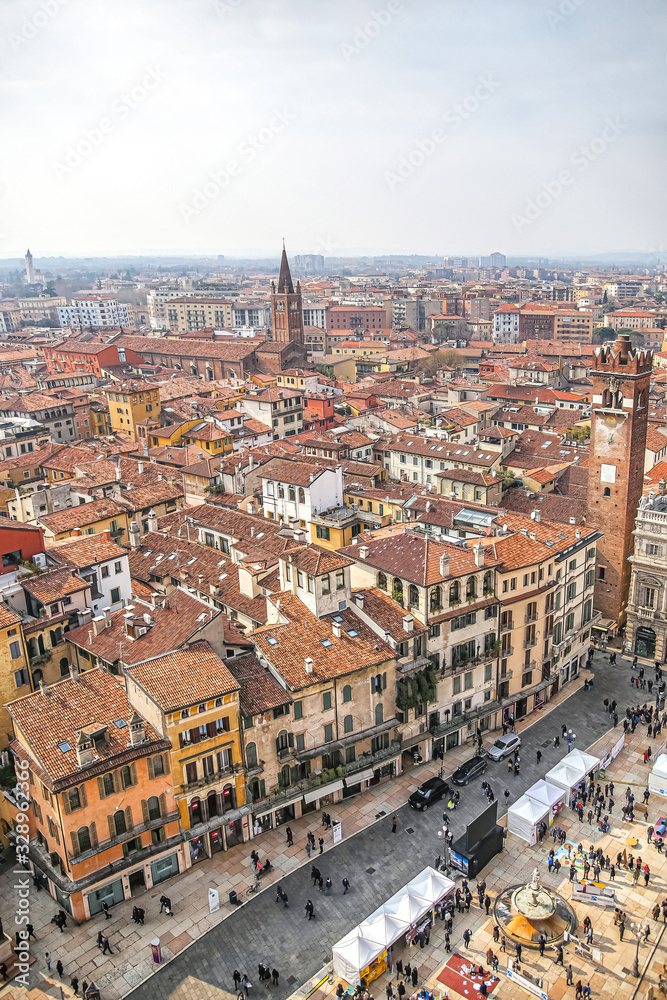 Top view of the medieval city of Verona from the Lamberti tower