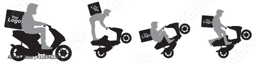 Scooter Delivery courier service vector silhouette icon logo, on-demand purchases, picks up and delivers pizza, fast food, sushi, sashimi, drinks and other products ordered through mobile app